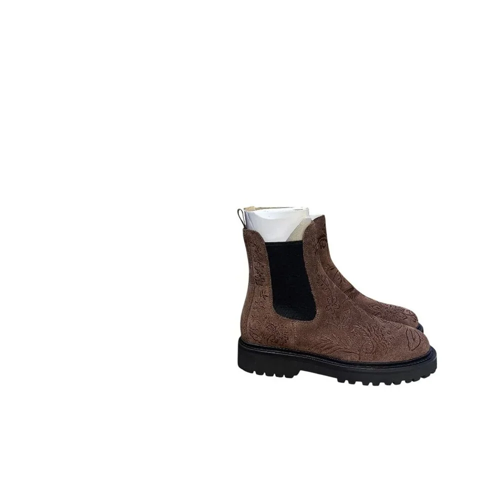 Johnny Was Brown Floral Suede Chelsea Ankle Boots
